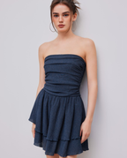Women's Strapless Mini Dress with Tiered Ruffle Skirt - Navy