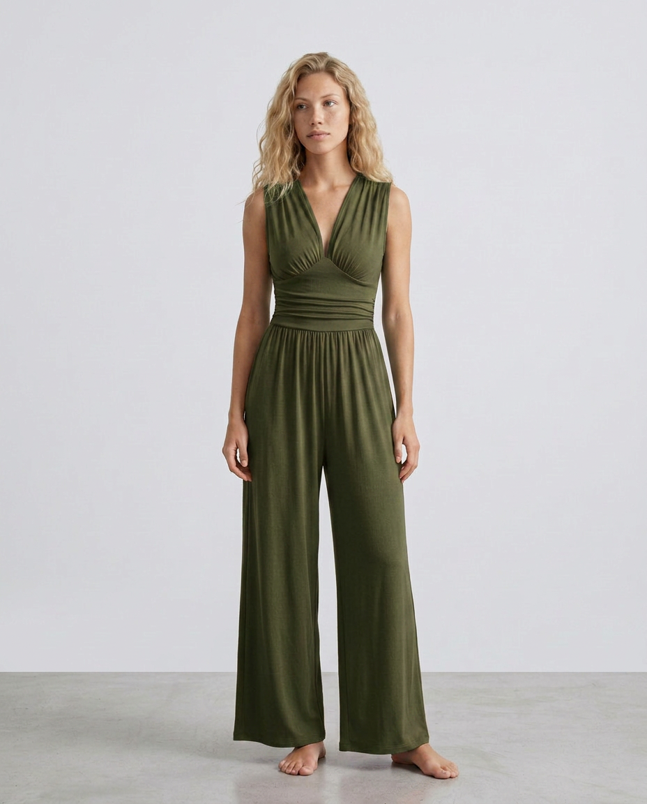Women's Jumpsuit Sleeveless with Halter Neck and Wide-Leg - Green