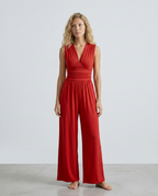 Women's Jumpsuit Sleeveless with Halter Neck and Wide-Leg - Red
