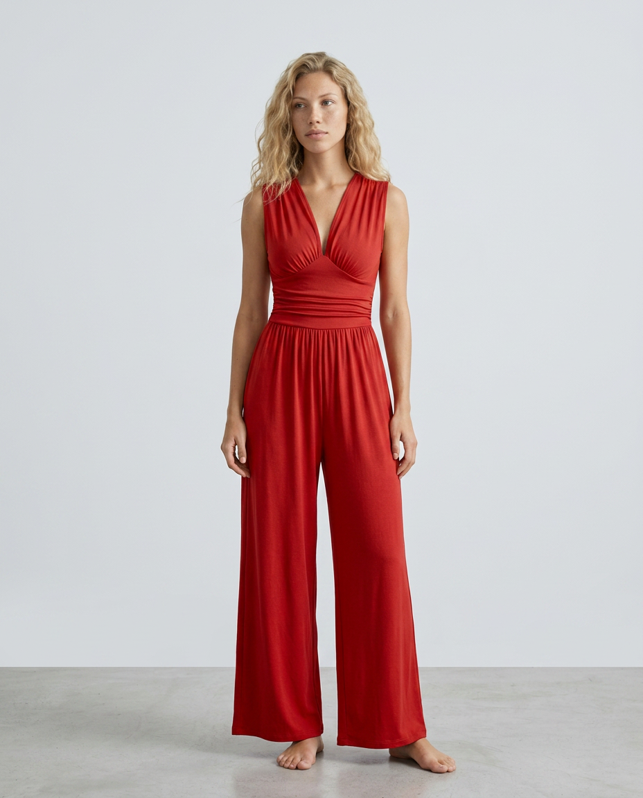 Women's Jumpsuit Sleeveless with Halter Neck and Wide-Leg - Red