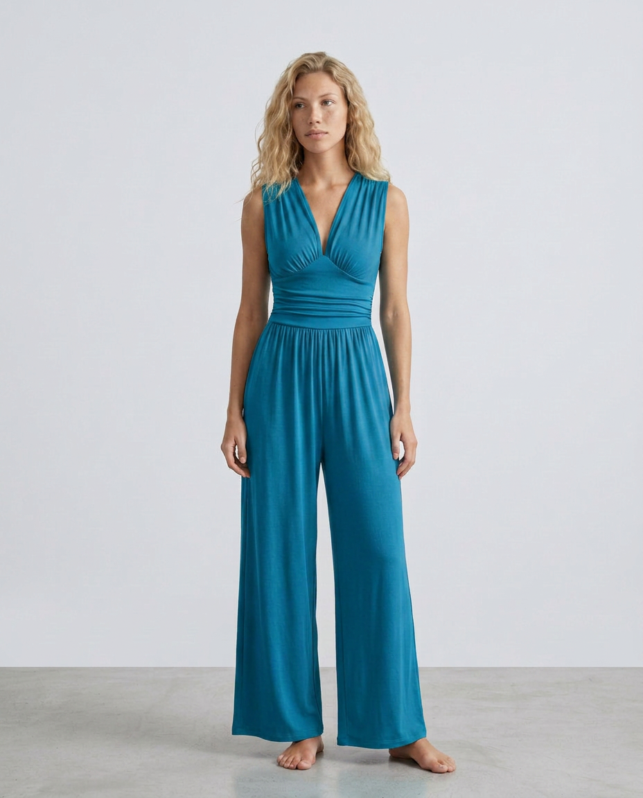 Women's Jumpsuit Sleeveless with Halter Neck and Wide-Leg - Blue