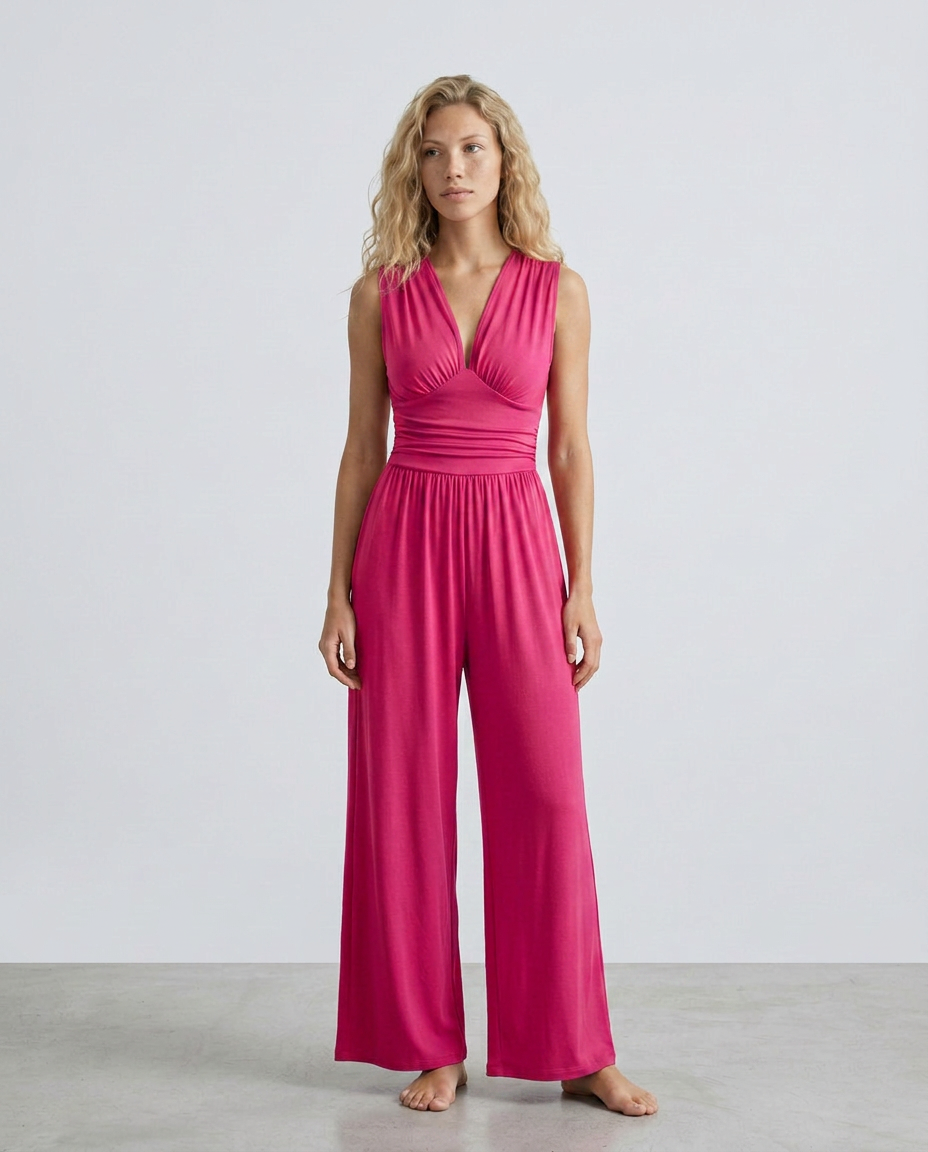 Women's Jumpsuit Sleeveless with Halter Neck and Wide-Leg - Hot Pink