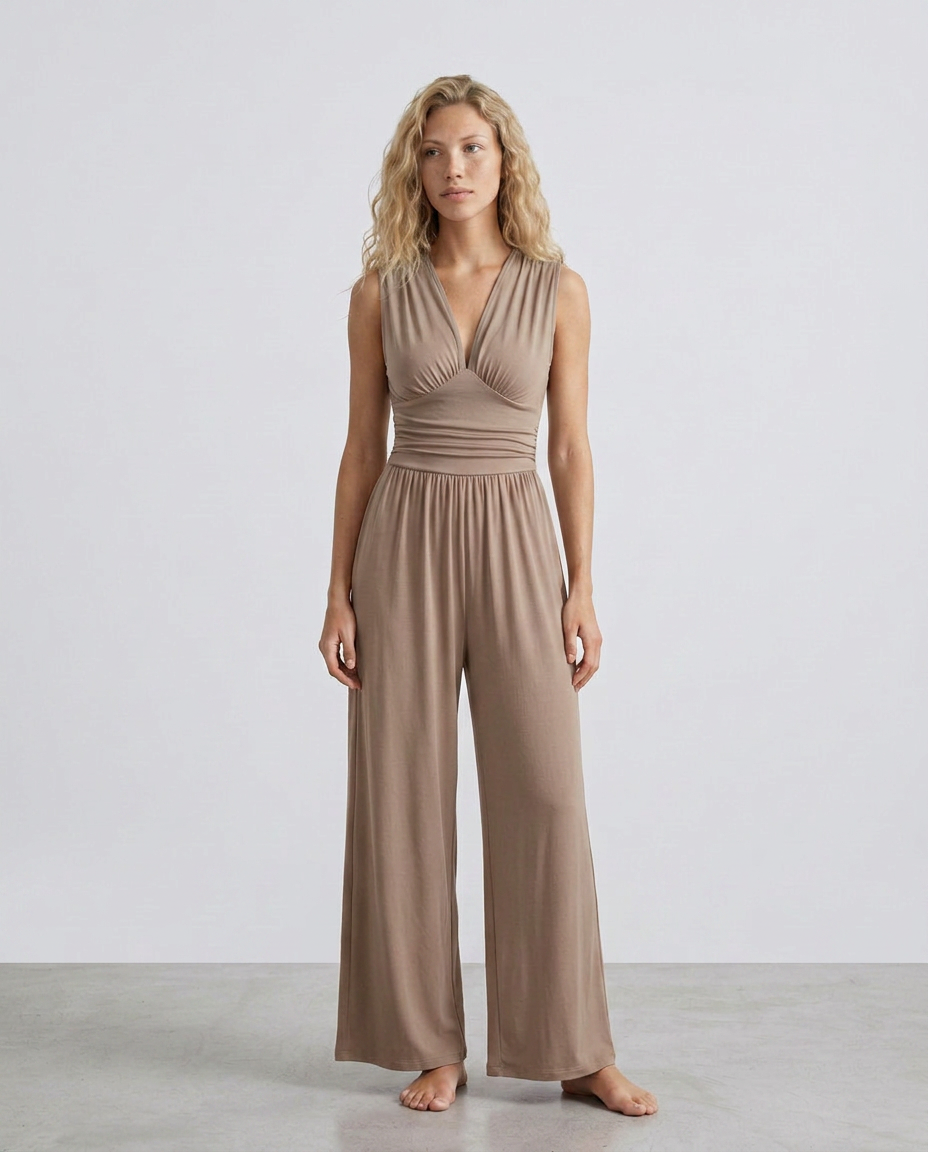 Women's Jumpsuit Sleeveless with Halter Neck and Wide-Leg - Brown