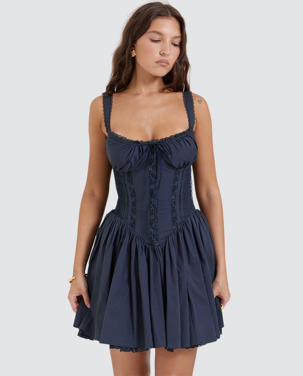 Women's Corset Mini Dress with Lace-Up Back and Square Neckline - Navy
