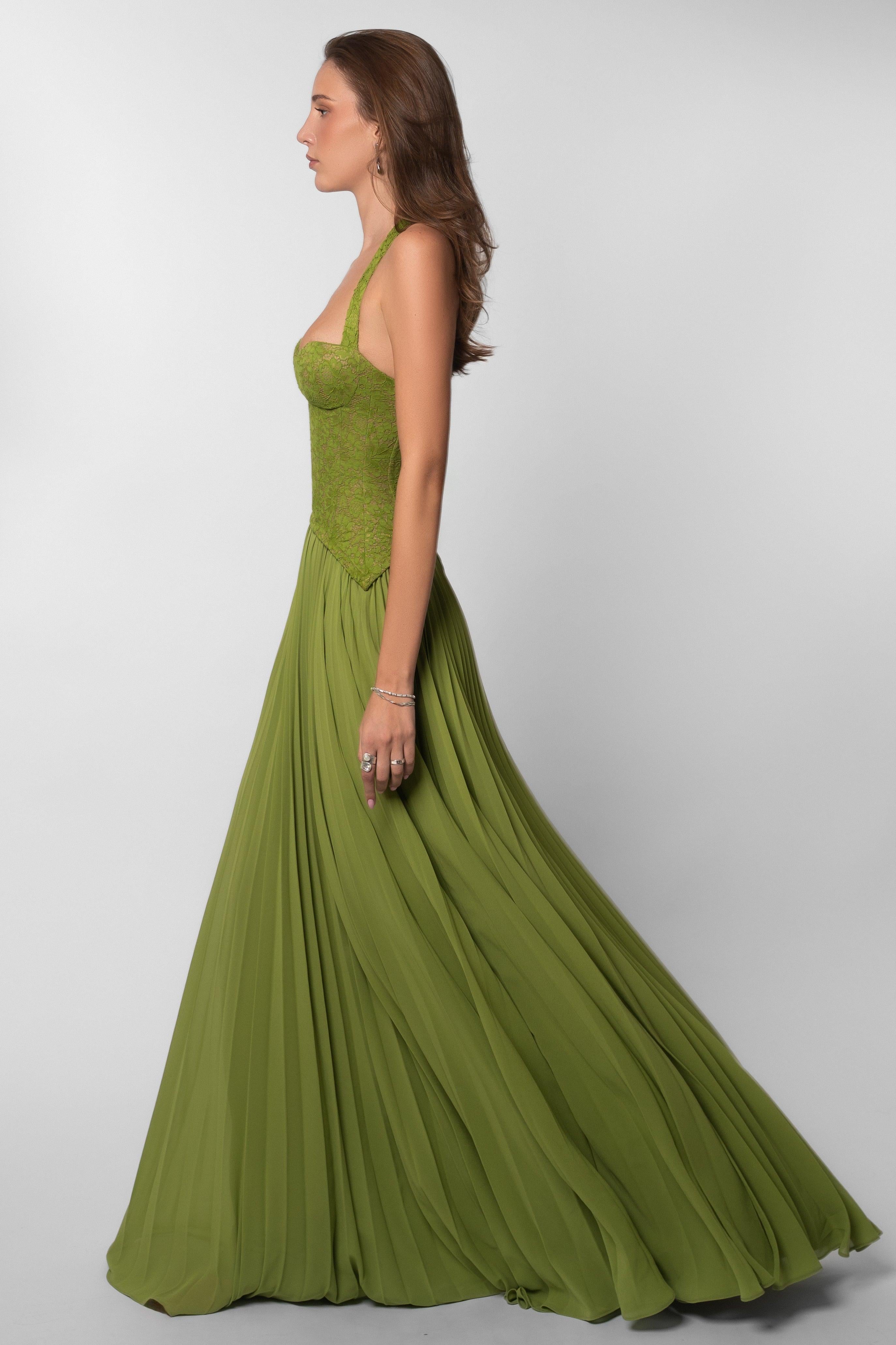 Women's Sweetheart Maxi Dress with Lace Bodice and Pleated Skirt - 7
