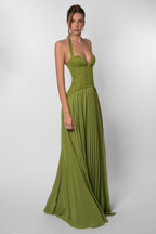 Women's Sweetheart Maxi Dress with Lace Bodice and Pleated Skirt - Green