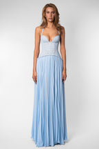 Women's Sweetheart Maxi Dress with Lace Bodice and Pleated Skirt - Blue