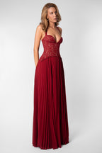 Women's Sweetheart Maxi Dress with Lace Bodice and Pleated Skirt - 14