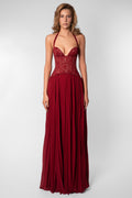Women's Sweetheart Maxi Dress with Lace Bodice and Pleated Skirt - Red