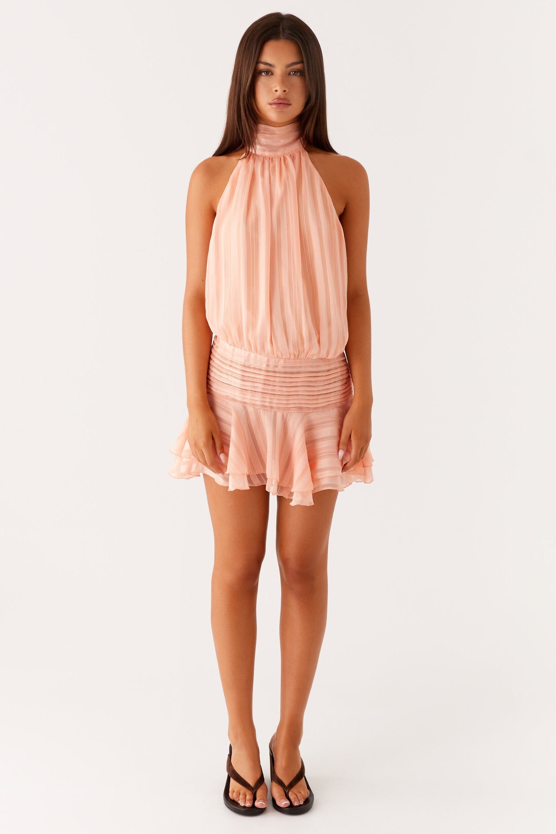 Women's Halter Neck Mini Dress with Pleated Skirt and Open Back - 8