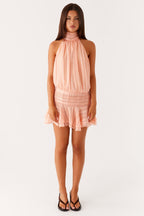 Women's Halter Neck Mini Dress with Pleated Skirt and Open Back - 7