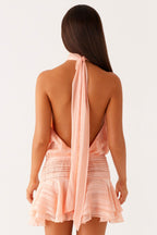 Women's Halter Neck Mini Dress with Pleated Skirt and Open Back - 5