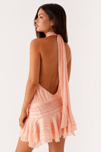 Women's Halter Neck Mini Dress with Pleated Skirt and Open Back - 10