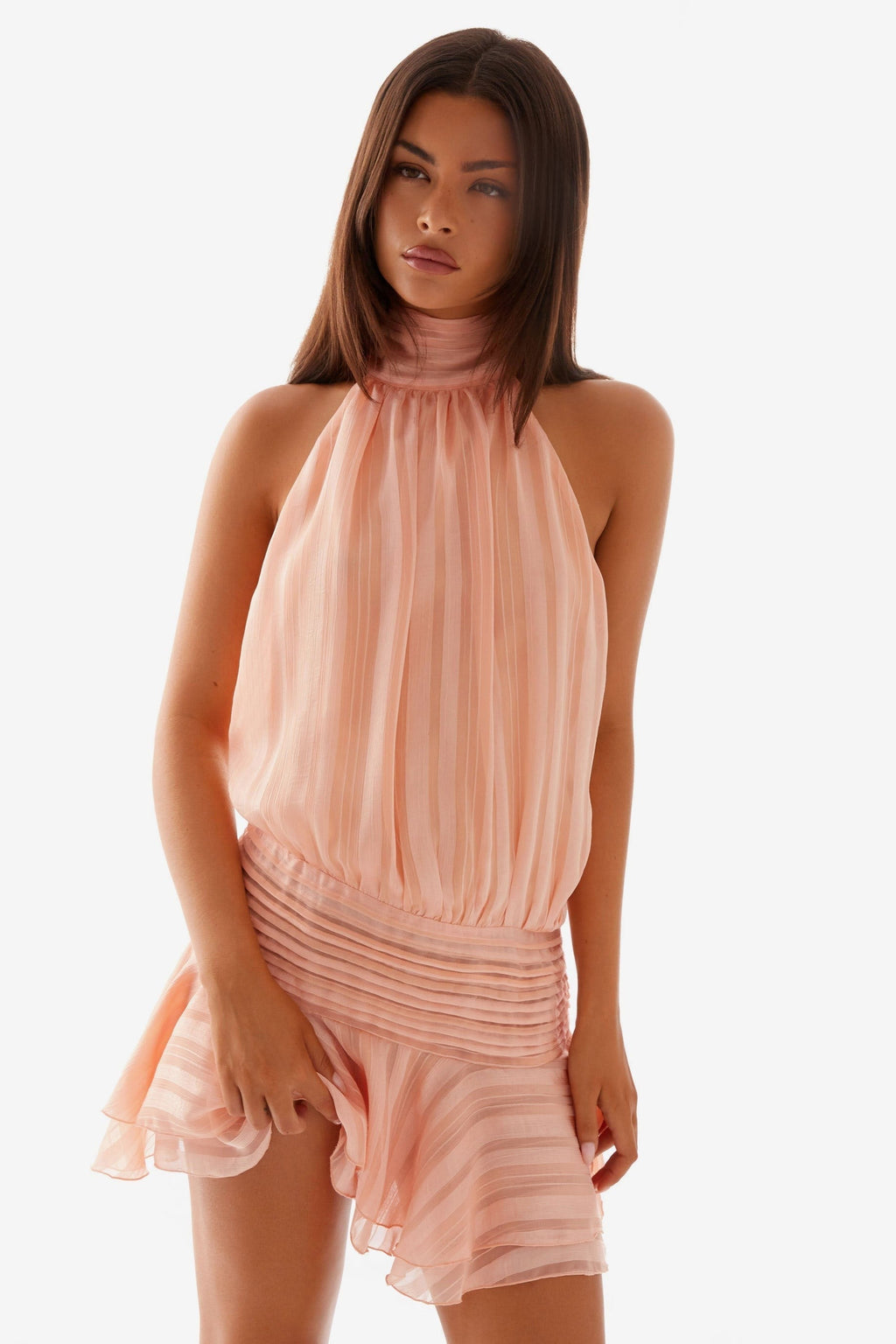 Women's Halter Neck Mini Dress with Pleated Skirt and Open Back - 4