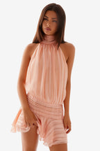 Women's Halter Neck Mini Dress with Pleated Skirt and Open Back - 4
