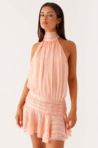 Women's Halter Neck Mini Dress with Pleated Skirt and Open Back - 9