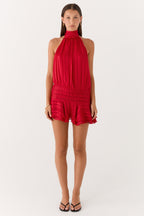 Women's Halter Neck Mini Dress with Pleated Skirt and Open Back - 14