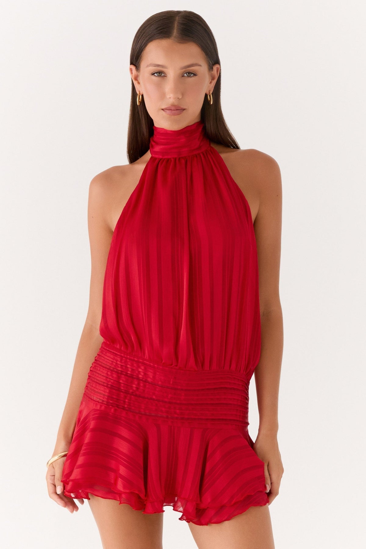 Women's Halter Neck Mini Dress with Pleated Skirt and Open Back - Red
