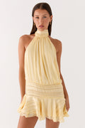 Women's Halter Neck Mini Dress with Pleated Skirt and Open Back - Yellow