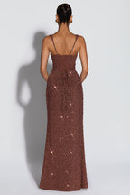 Women's Sequin Maxi Dress Sleeveless with Square Neck and Tie-Up Detail - 3