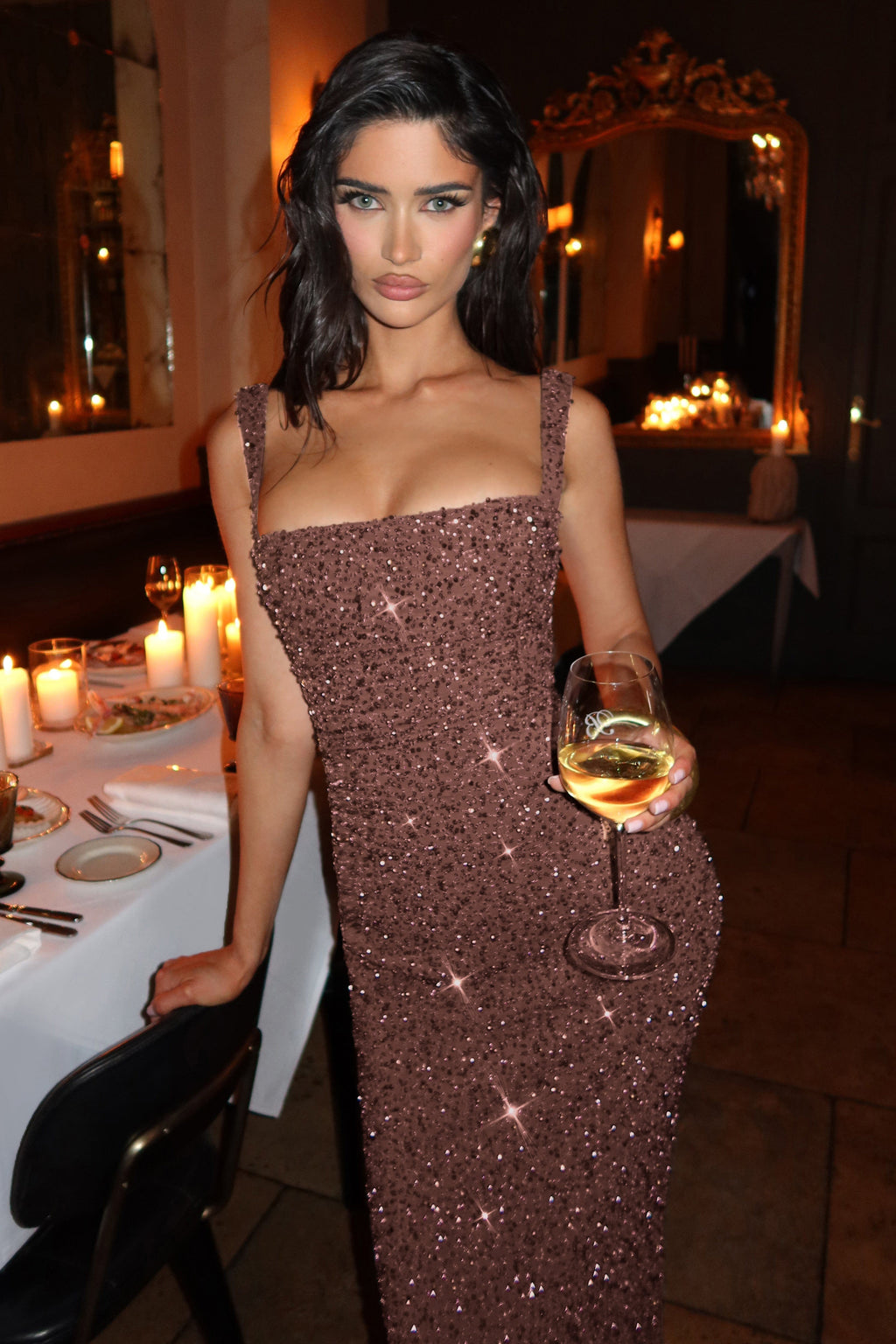 Women's Sequin Maxi Dress Sleeveless with Square Neck and Tie-Up Detail - 10