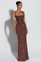 Women's Sequin Maxi Dress Sleeveless with Square Neck and Tie-Up Detail - 7