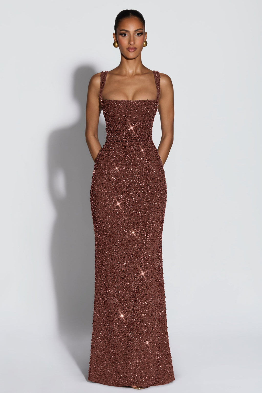 Women's Sequin Maxi Dress Sleeveless with Square Neck and Tie-Up Detail - 8