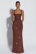 Women's Sequin Maxi Dress Sleeveless with Square Neck and Tie-Up Detail - 8