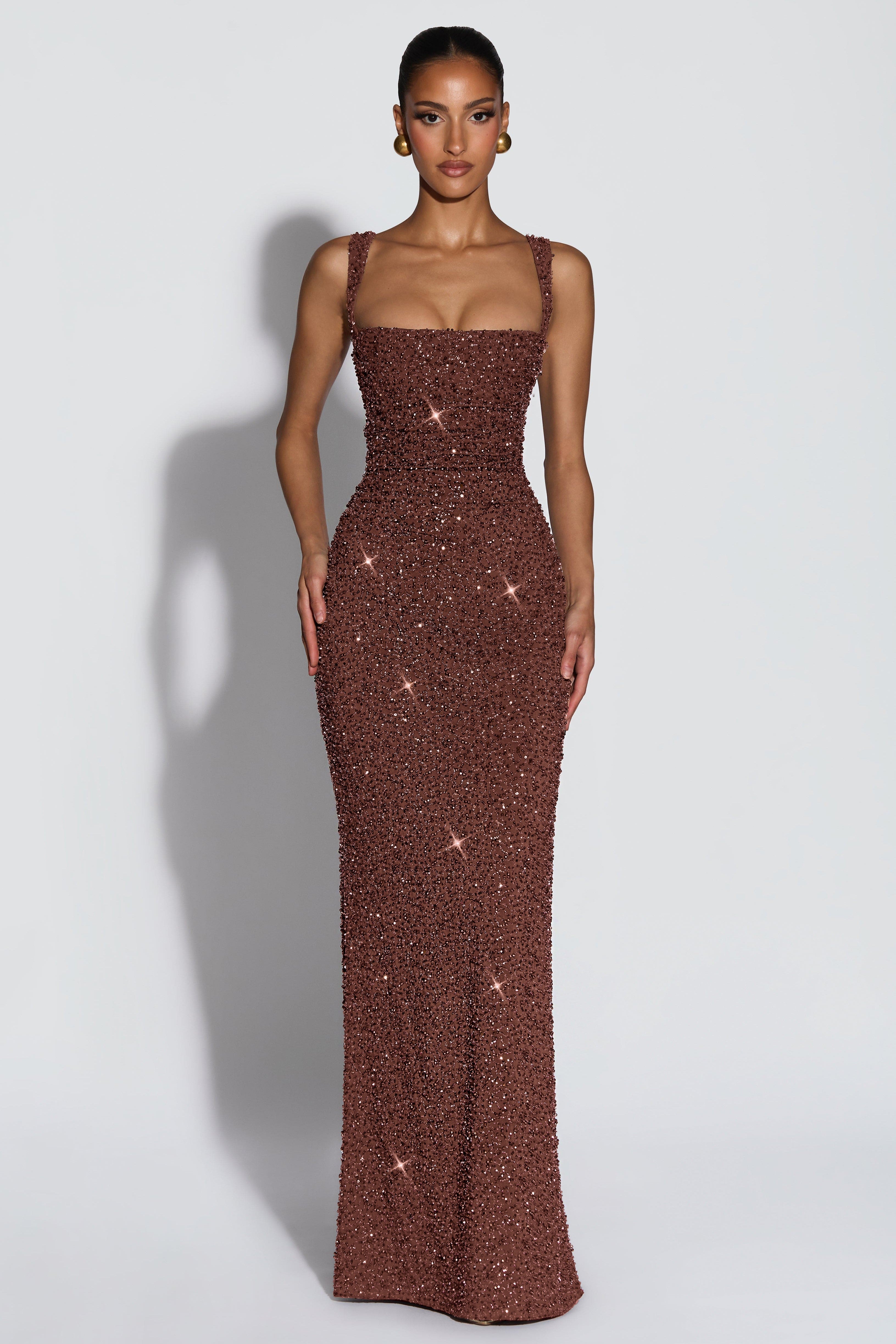 Women's Sequin Maxi Dress Sleeveless with Square Neck and Tie-Up Detail - 6
