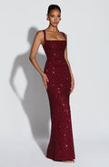 Women's Sequin Maxi Dress Sleeveless with Square Neck and Tie-Up Detail - Red