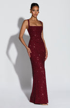 Women's Sequin Maxi Dress Sleeveless with Square Neck and Tie-Up Detail - Red