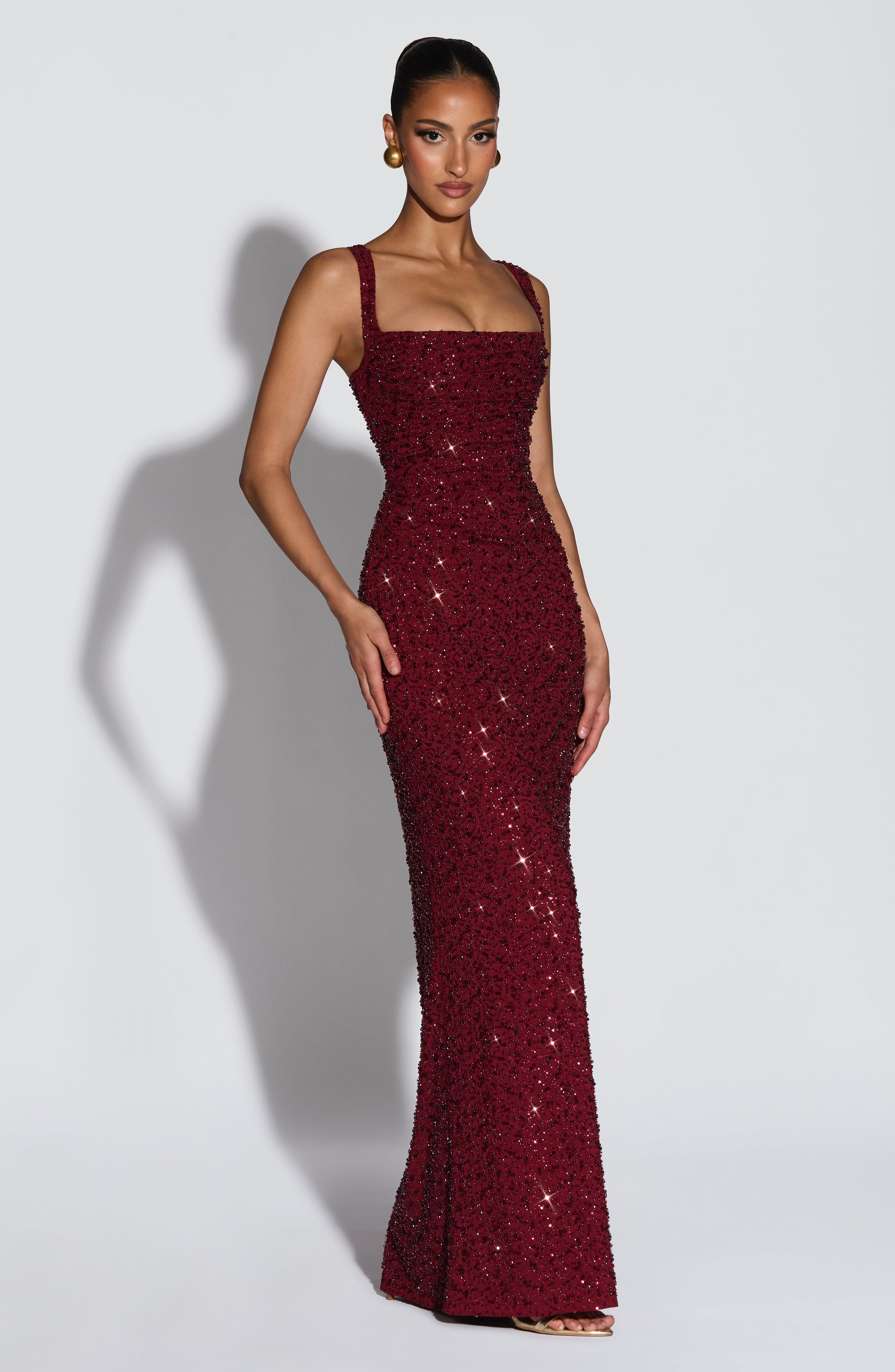 Women's Sequin Maxi Dress Sleeveless with Square Neck and Tie-Up Detail - Red