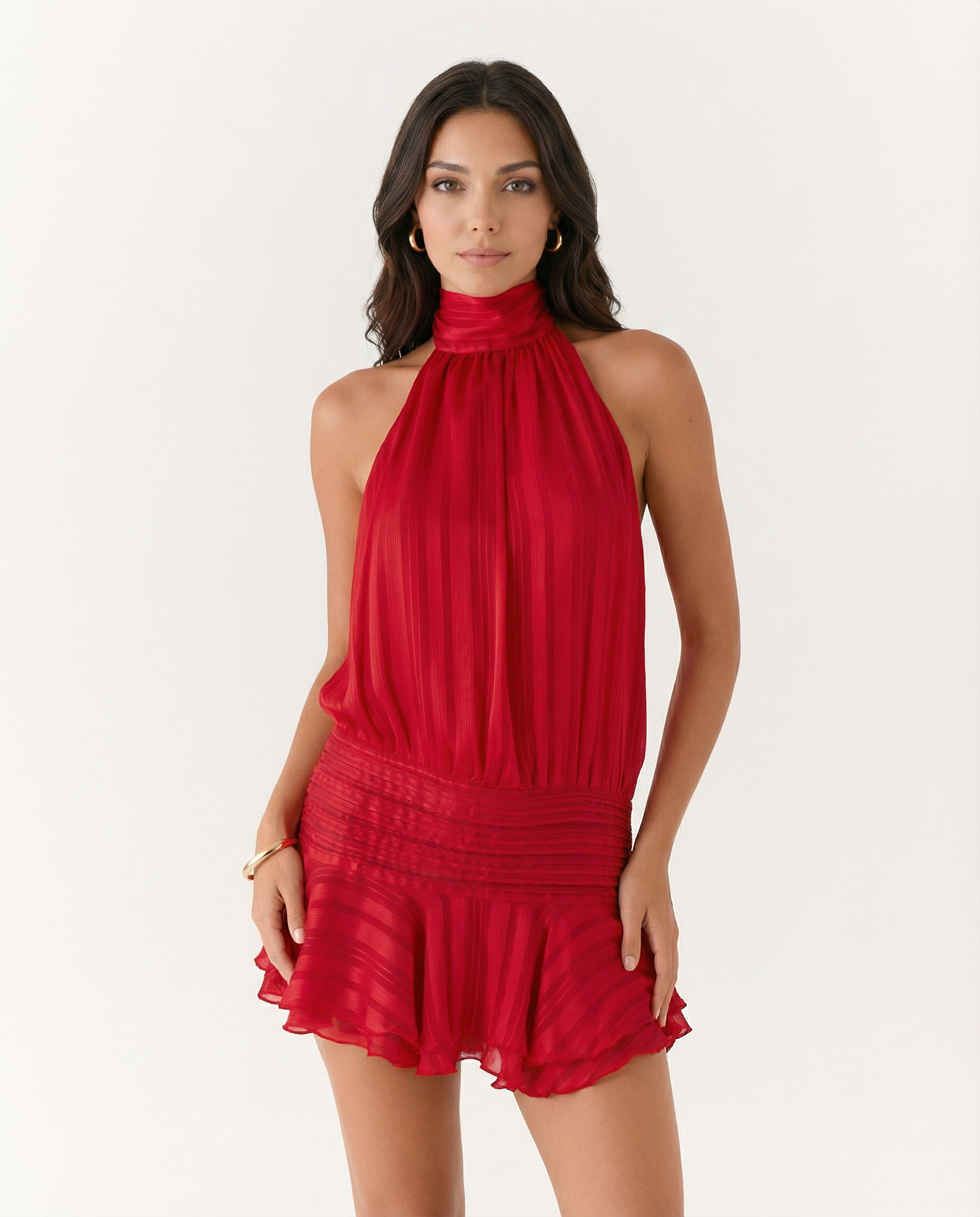 Women's Halter Neck Playsuit with Pleated Ruffle Overlay - Red