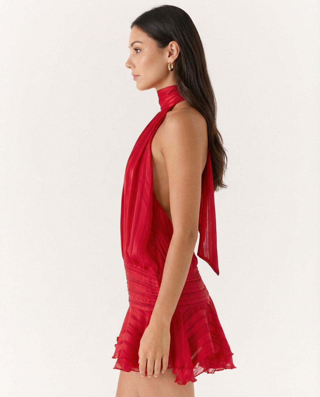 Women's Halter Neck Playsuit with Pleated Ruffle Overlay - 8