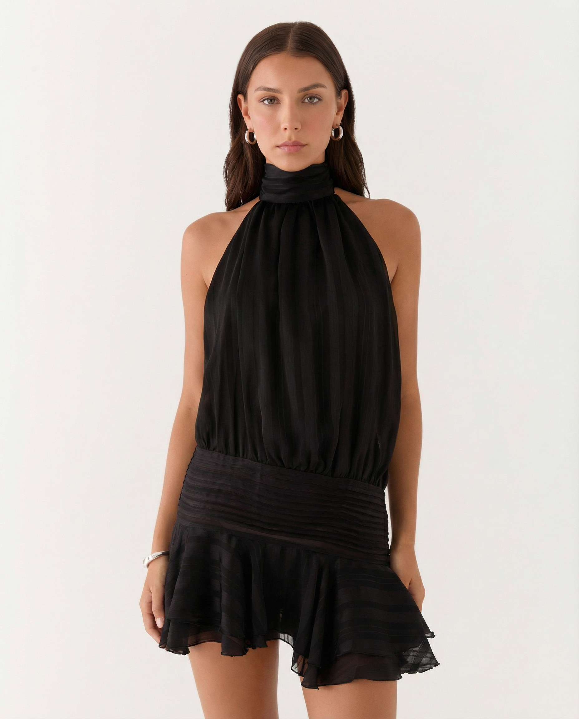 Women's Halter Neck Playsuit with Pleated Ruffle Overlay - Black