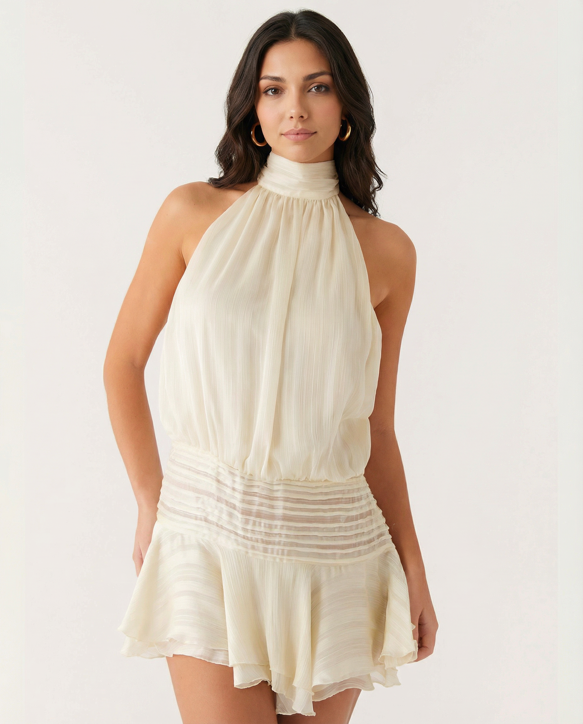 Women's Halter Neck Playsuit with Pleated Ruffle Overlay - Apricot