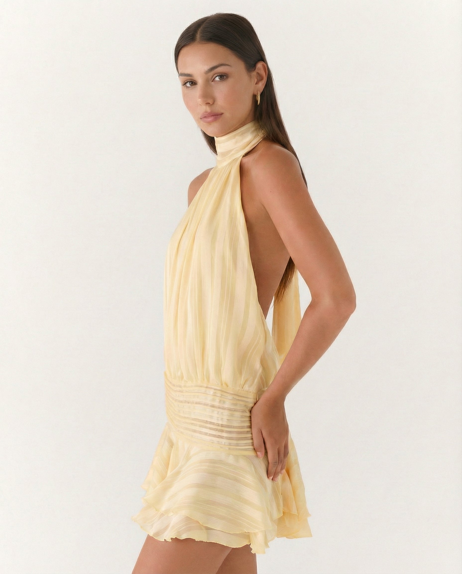 Women's Halter Neck Playsuit with Pleated Ruffle Overlay - 5