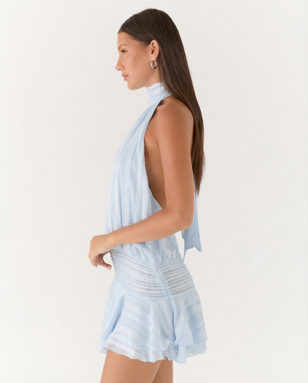 Women's Halter Neck Playsuit with Pleated Ruffle Overlay - 12