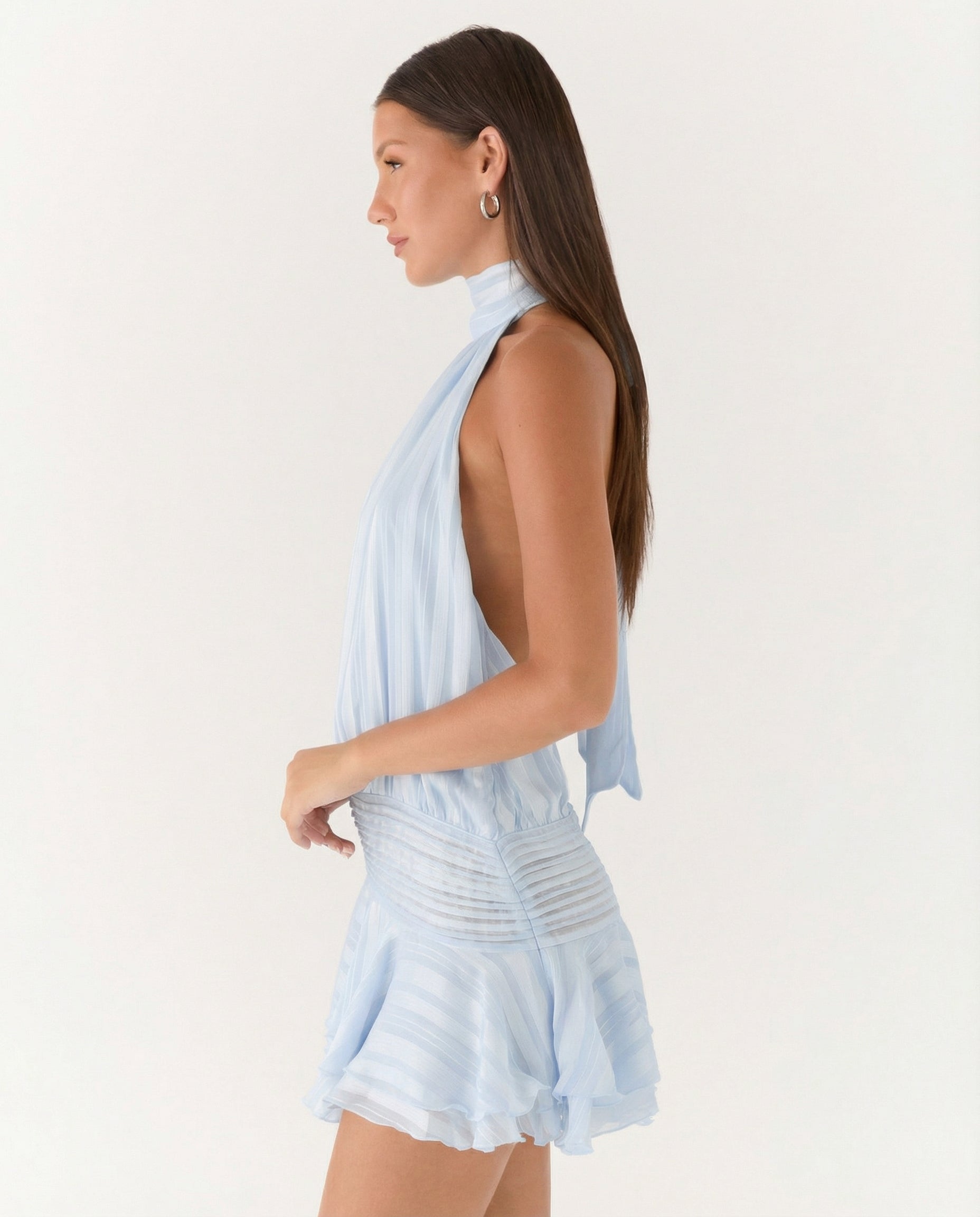 Women's Halter Neck Playsuit with Pleated Ruffle Overlay - 12