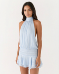 Women's Halter Neck Playsuit with Pleated Ruffle Overlay - Light Blue