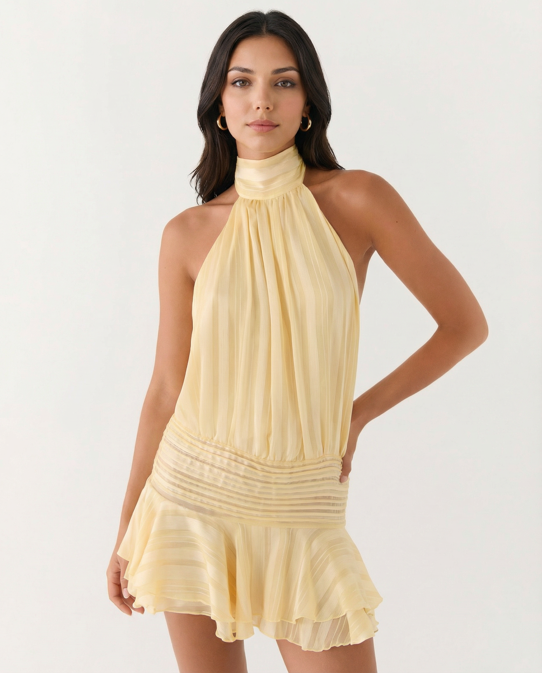 Women's Halter Neck Playsuit with Pleated Ruffle Overlay - Yellow