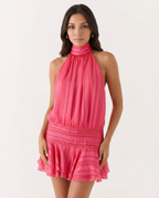 Women's Halter Neck Playsuit with Pleated Ruffle Overlay - Rose Red