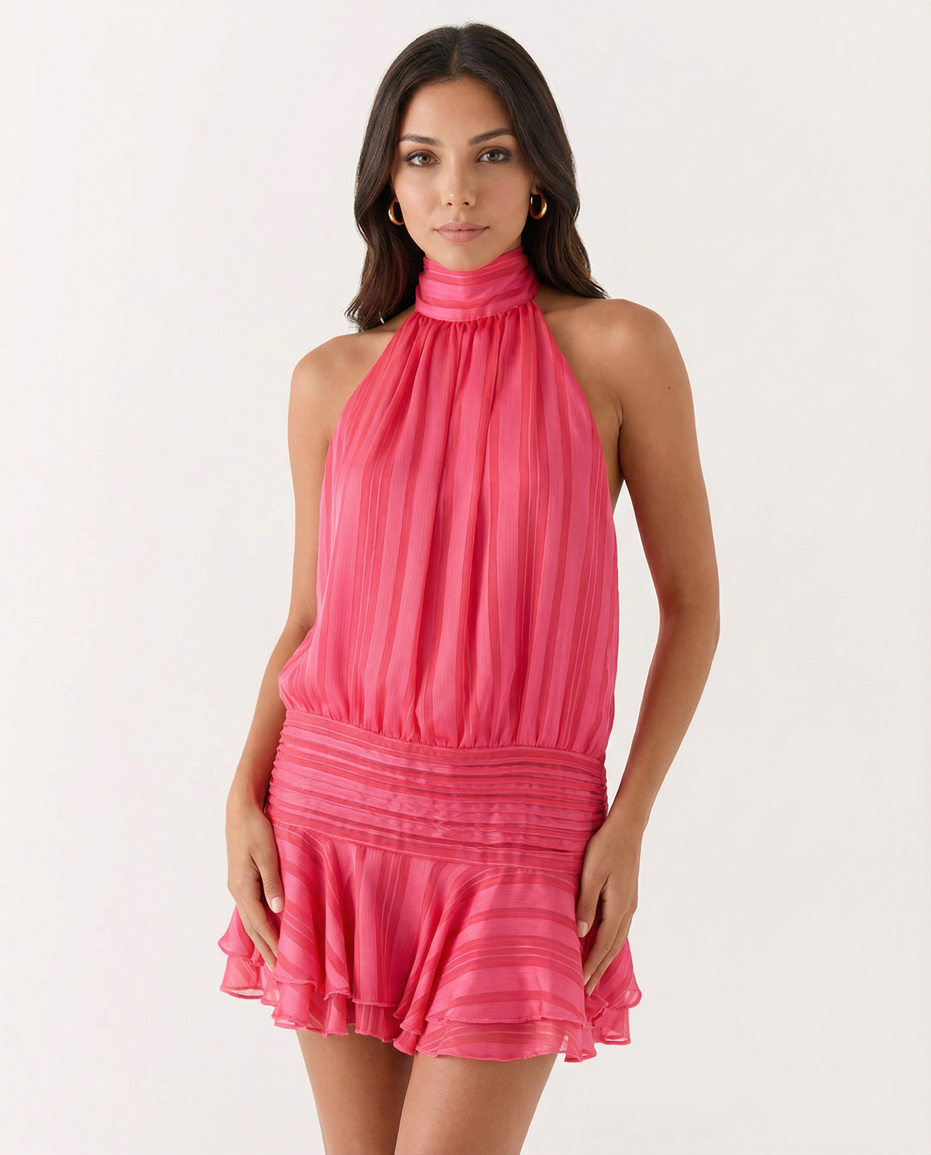 Women's Halter Neck Playsuit with Pleated Ruffle Overlay - Rose Red