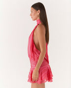 Women's Halter Neck Playsuit with Pleated Ruffle Overlay - 15