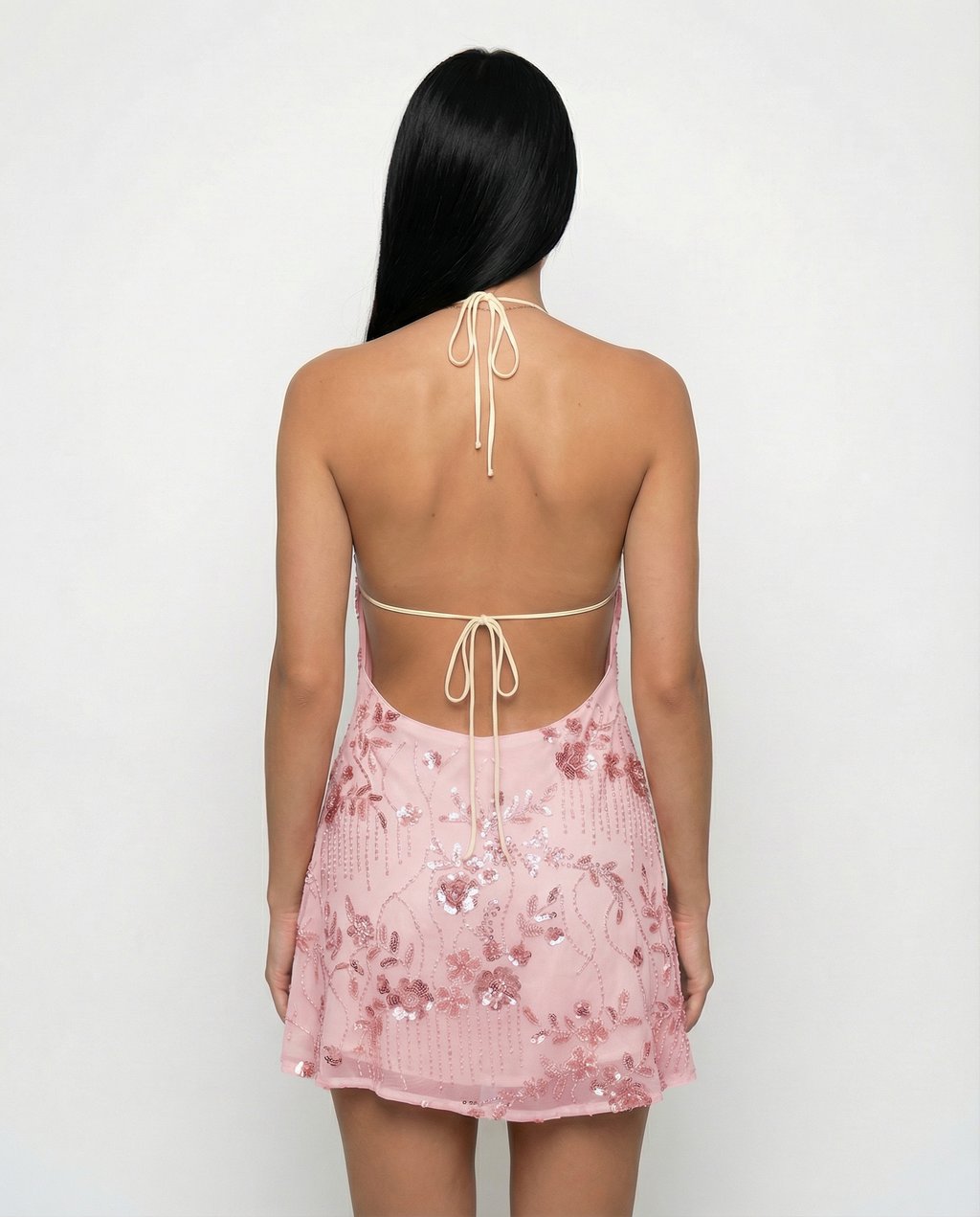 Women's Halterneck Mini Dress with Beaded Floral Design and Open Back - 9