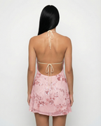 Women's Halterneck Mini Dress with Beaded Floral Design and Open Back - 9
