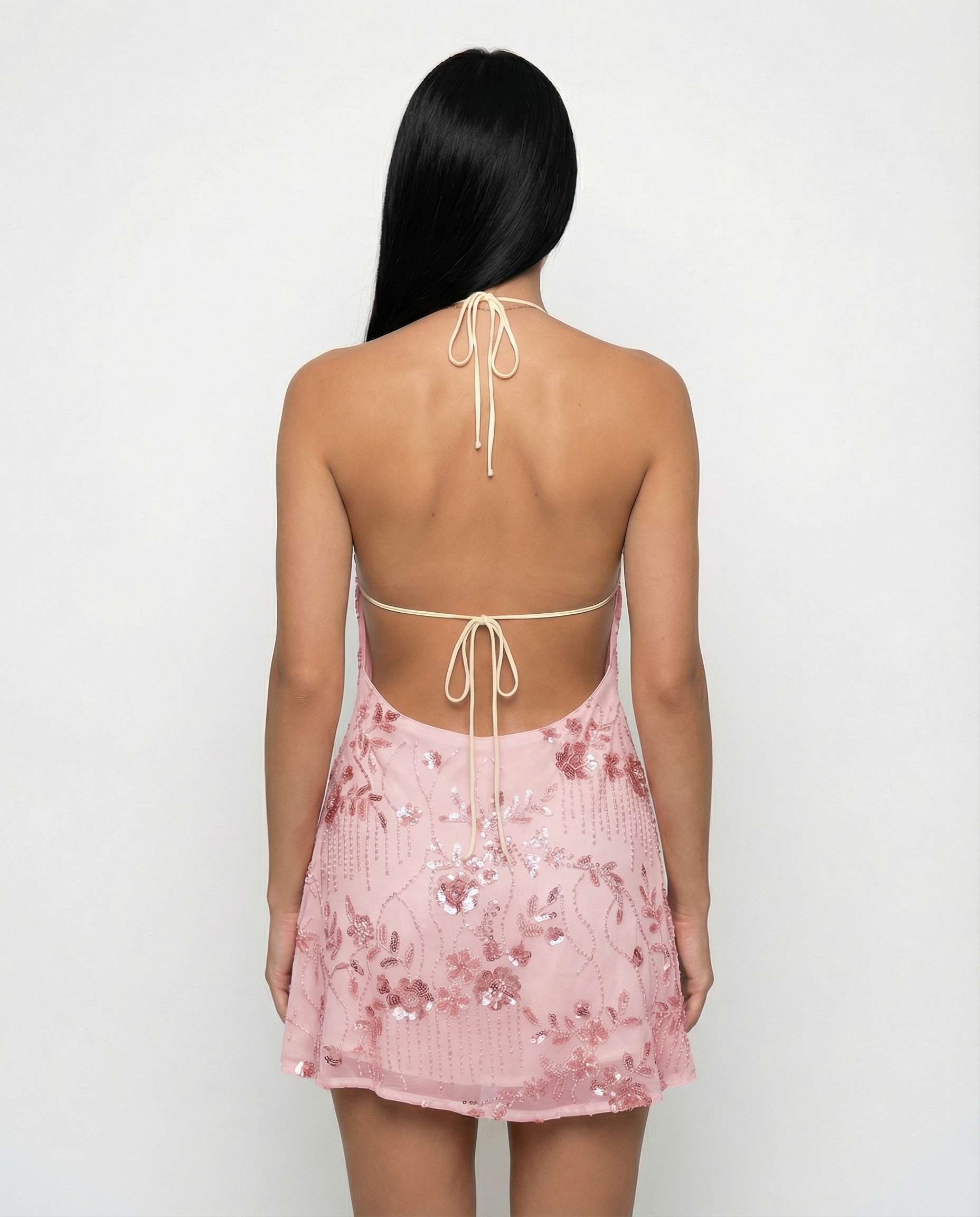 Women's Halterneck Mini Dress with Beaded Floral Design and Open Back - 9