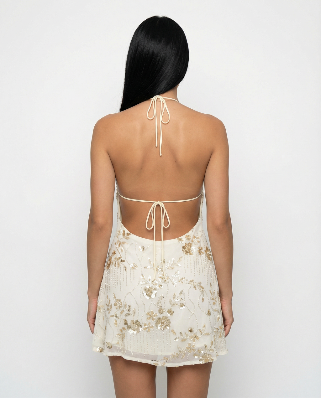Women's Halterneck Mini Dress with Beaded Floral Design and Open Back - 3