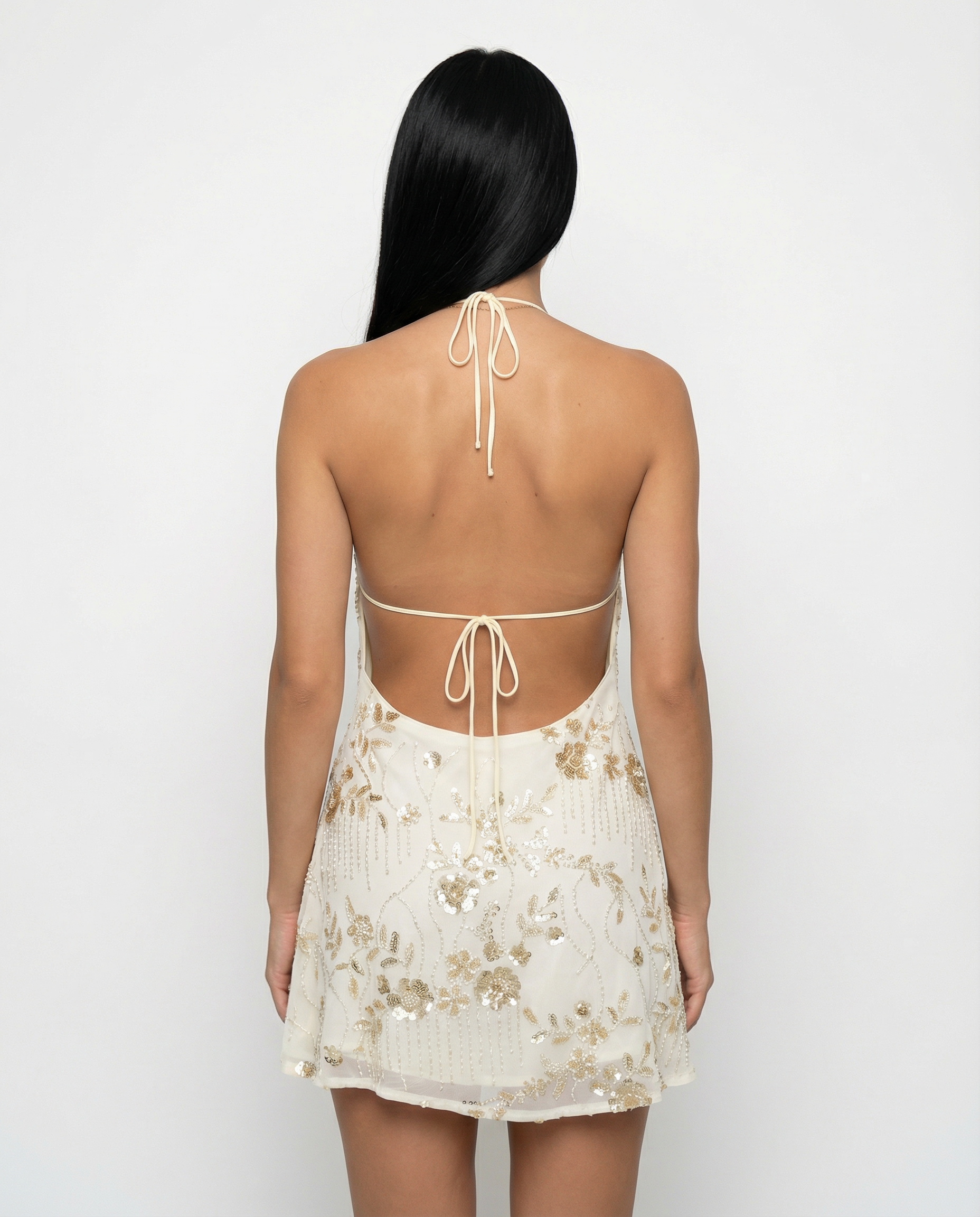 Women's Halterneck Mini Dress with Beaded Floral Design and Open Back - 3