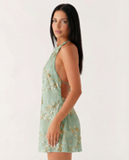 Women's Halterneck Mini Dress with Beaded Floral Design and Open Back - 16